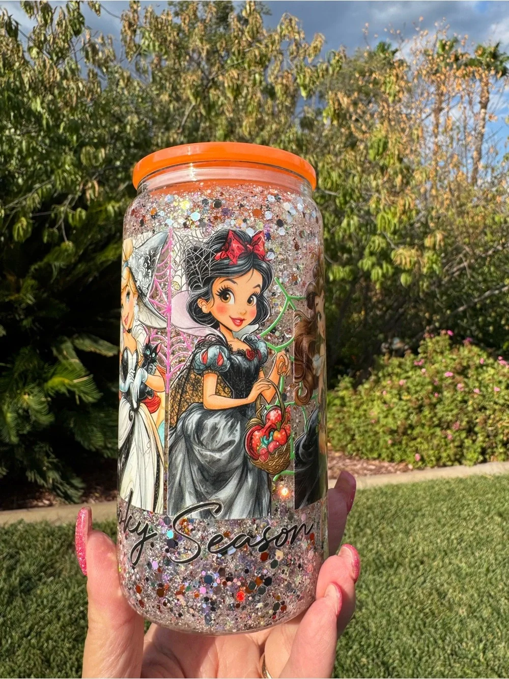 Spooky season Disney princesses snow globe glass Tumble 16oz